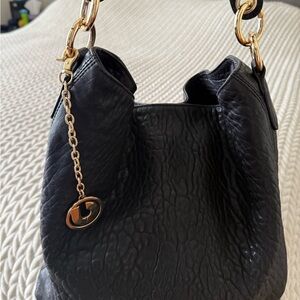 Charles Jourdan Black Leather Hobo Bag with Gold Accents